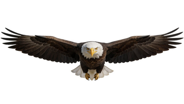 Bald eagle flying with spread wings isolated on white background, front view