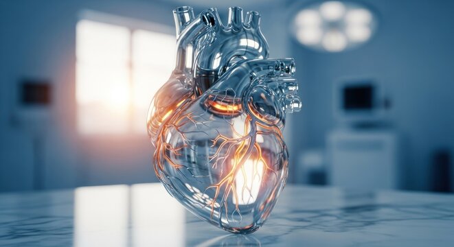 Metallic human heart sculpture with glowing vessels sits on a marble table in a sterile room