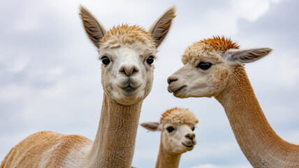 Fototapeta premium Three Cute Alpacas Close-up Portrait Outdoors
