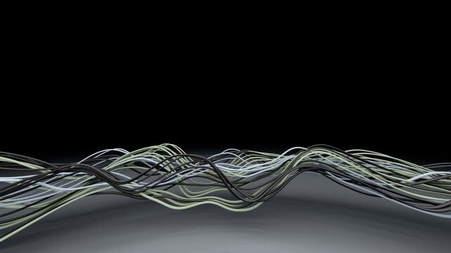 Horizontal 3D abstract lines connection ethernet wires network strings background copyspace loop animation wallpaper poster banner template mockup branding, dark black pastel gradient fiber flow