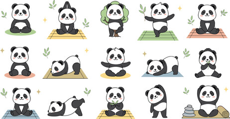 Cute panda cartoon character yoga set with different meditation poses, adorable bear mascot collection practicing fitness, mindfulness and relaxation for kids design illustrations © Aminul