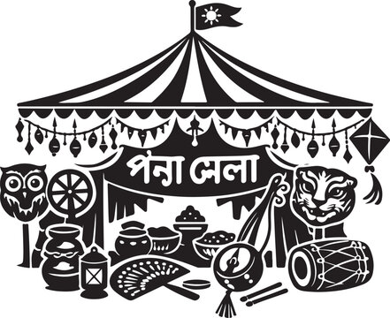 A vintage circus tent vector illustration featuring a colorful merry-go-round carousel and festive marquee flags under a bright sky at a fun carnival amusement park event