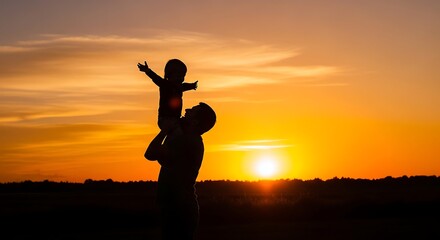Fototapeta premium Silhouette of happy father lifting child at sunset, joyful family moment outdoors