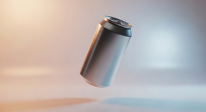 A sleek can floating against a gradient sky backdrop with soft lighting effects. lata refresco