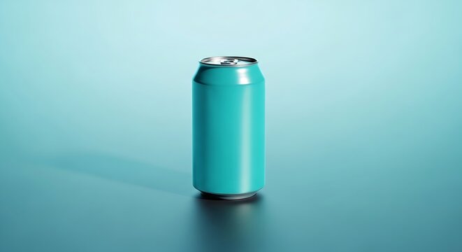 Sleek turquoise can standing alone against a gradient background. lata refresco