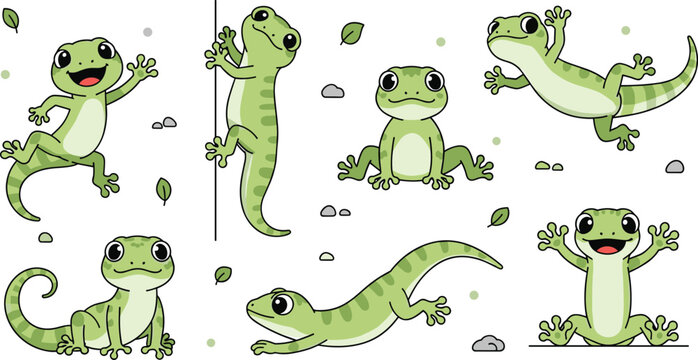 Cute cartoon gecko and lizard character set with different poses and emotions, playful reptile mascot collection for kids design, stickers, educational illustrations isolated background