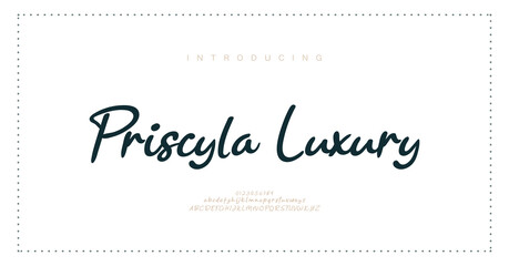 Priscyla Luxury, Script typography beauty fashion elegant minimalist serif italic fonts decorative wedding vintage retro logos. Minimal luxury font alphabet logo. Vector illustration  © Gizmo Design