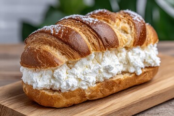 A delicious brioche bun filled with fresh cream on a wooden board, sprinkled with sugar, creating a sweet and tempting dessert, perfect for a treat or snack.