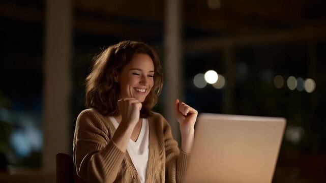 Freelancer celebrating project completion alone in home office, arms raised in victory pose with laptop showing final deliverable, ideal for solo achievement and modern entrepreneurial theme
