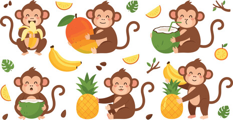 Cute cartoon monkey character collection holding tropical fruits like banana, coconut, pineapple and mango, playful jungle animal mascot vector illustration set isolated on light background © Aminul