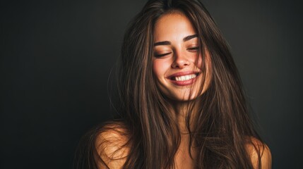 Fototapeta premium Happy young woman smiling with eyes closed feeling joy, copy space