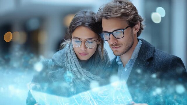 Young couple wearing glasses explores a futuristic digital map together in a modern urban environment. They appear focused and intrigued by the glowing holographic display in their hands