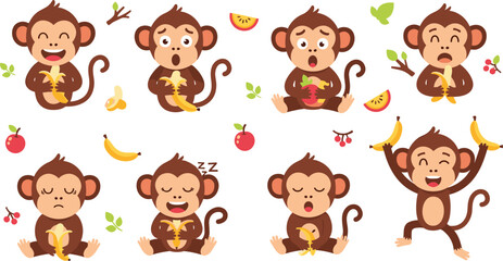 Cute cartoon monkey character set eating banana with different emotions and poses, playful jungle animal mascot vector illustration collection isolated on light background © Aminul