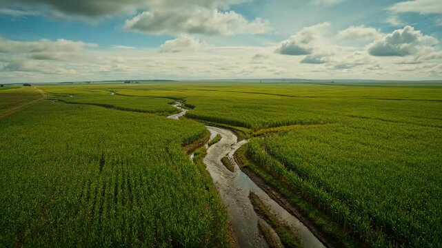 Aerial View Of Lush Green Field With Winding River Under Cloudy Sky