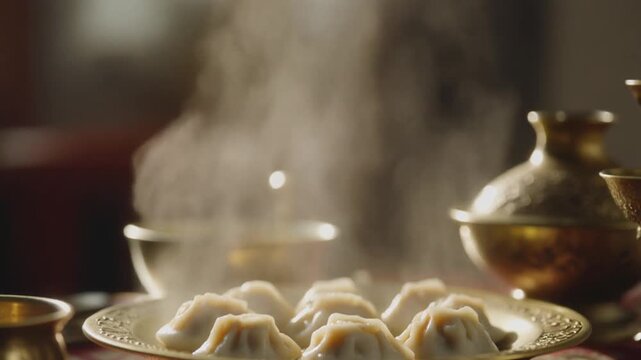 Steaming plate of dumplings on table.