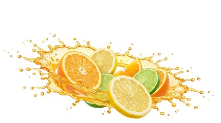 Vibrant citrus fruits splash in mid-air with juice droplets flying everywhere outdoors