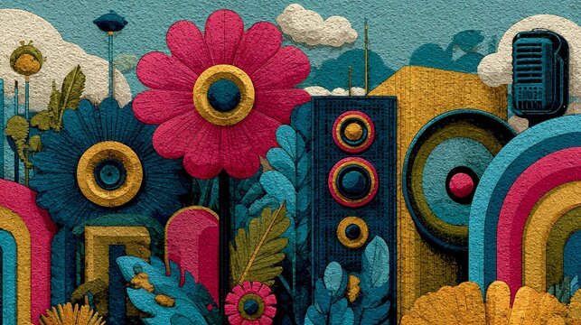 whimsical International Amateur Radio Month poster design, flat illustration blending Memphis patterns with boho floral and tribal-inspired ornaments, microphones, radio devices