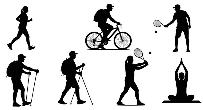Silhouettes of active seniors engaging in various outdoor activities including cycling, hiking, and tennis against a white background, outdoors