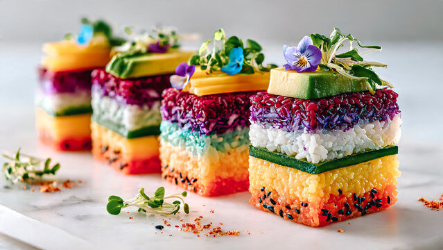 Sushis color&eacute;s a l'avocat et a la betterave avec d&eacute;cor de violette