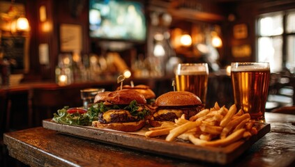 Naklejka premium Beer and Burgers on Wooden Tray.