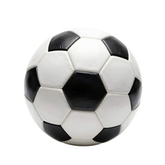 Close up of a black and white soccer ball against a white background