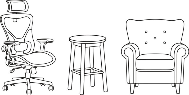 Collection of various seating furniture including an ergonomic office chair a bar stool and a classic armchair presented in a minimalist line art style for interior design concepts