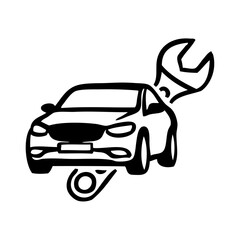 Logo taller mecánico. Icono con dibujo con líneas de coche de lujo con llave inglesa  © teracreonte
