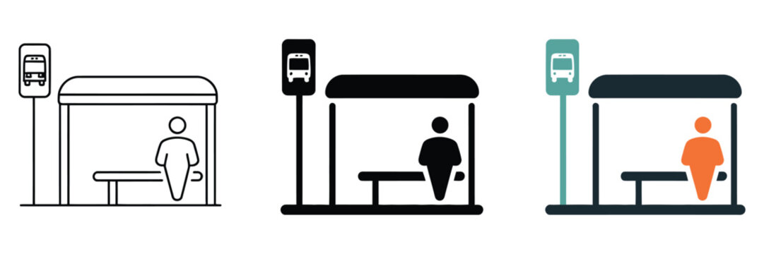 Urban bus stop icons line, bold, and colorful styles for modern transportation design, versatile collection for maps
