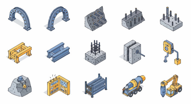 Isometric Construction Elements and Equipment Set.