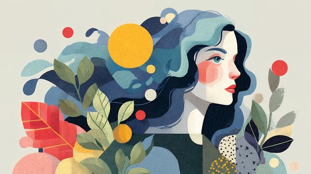 Stress Awareness Month concept, flat illustration, fusion of Memphis geometric shapes and boho organic motifs, abstract human figure releasing tangled lines from the head transforming into calm waves 