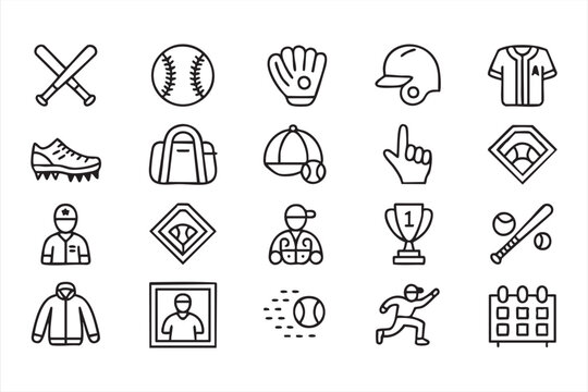 Baseball sport icon pack featuring bat ball glove helmet jersey trophy player running cleats cap and team equipment symbols