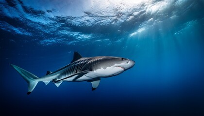 Obraz premium a solitary tiger shark glides through inky depths of the ocean seeking its next meal