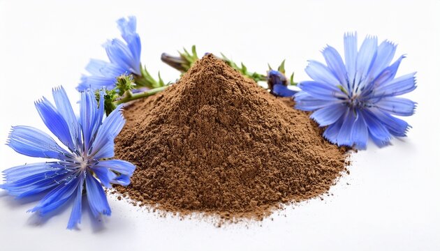 chicory root powder and blue flowers on white background natural food ingredient and herbal remedy healthy and organic plant product
