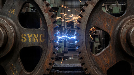 Fototapeta premium System Integration Concept Two Heavy Industrial Steel Gears Connected and Turning via Glowing Blue Electric Arc Sync