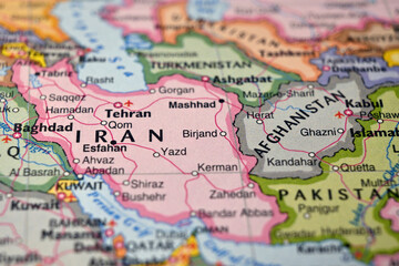 Naklejka premium Birjand Iran on World Map Close Up Macro Defocused Background Geographic Image