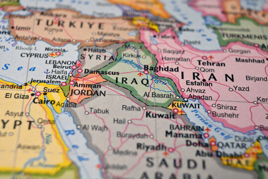 Iraq on World Map Close Up Macro Defocused Background Geographic Image
