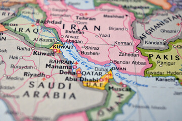 Naklejka premium Defocused World Map Background Showing Bushehr Location Top View Geography and Travel Concept