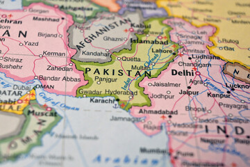 Naklejka premium Pakistan on World Map Close Up Macro Defocused Background Geographic Image