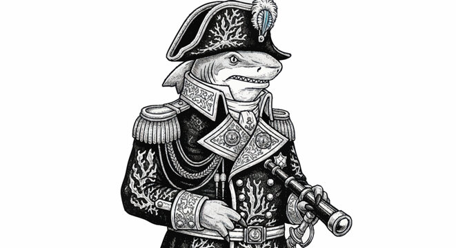 Anthropomorphic Shark in Military Uniform Holding Telescope.
