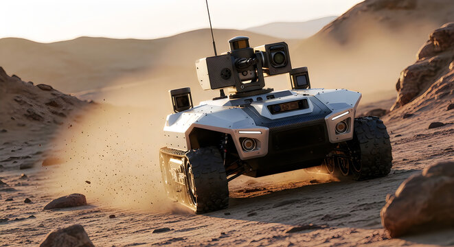 Autonomous military robot vehicle patrolling desert landscape for reconnaissance missions and surveillance operations