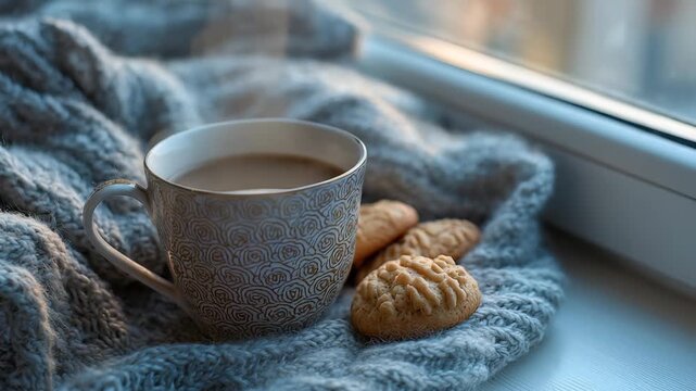 A cozy ceramic mug filled with hot coffee sits on a soft knitted blanket beside freshly baked cookies near a window. Warm natural light creates a peaceful morning atmosphere indoors