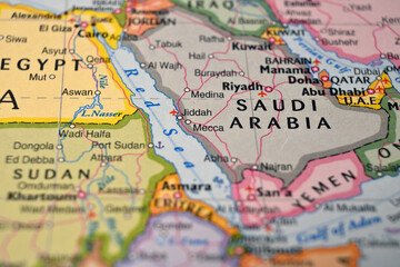Naklejka premium Jeddah Saudi Arabia on World Map Close Up Macro Defocused Background Geographic Image
