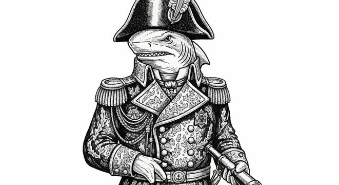 Shark dressed as Napoleon Bonaparte in military uniform.