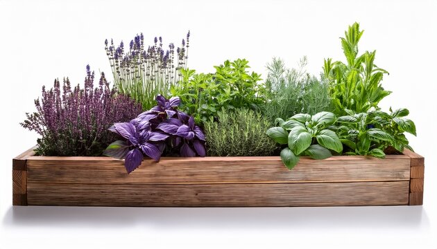 elevated wooden garden bed filled with various vibrant green and purple herbs and plants isolated on a white background