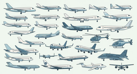 Diverse Collection of Aircraft - Planes, Helicopters, and More in Detailed Illustration. © Toknah