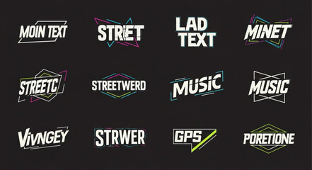 Collection of Streetwear-Inspired Text Designs - Moin, Striet, Lad, Minet, Streetc, Streetwerd, Music, Vivngey, Strwer, GPS, Poretkine.