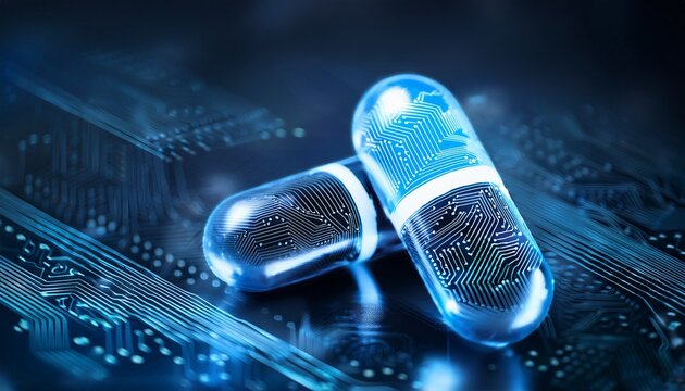 futuristic digital pills with electronic circuits on metallic surface smart medicine and biotechnology concept for healthcare innovation