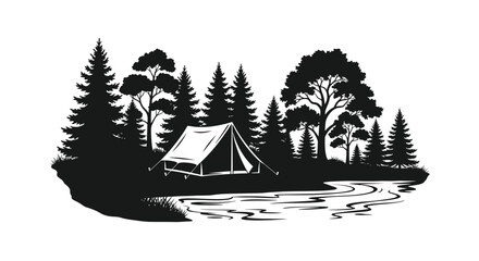 Camping scene with a tent by a river black and white silhouette © IMkM00i76