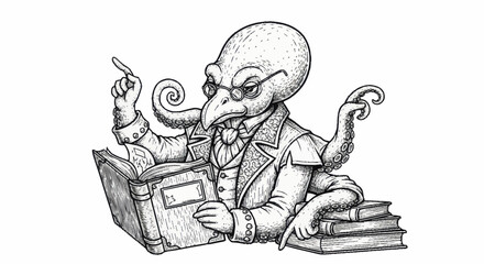 Intelligent Octopus Professor Reading Ancient Books. © berkah nikah