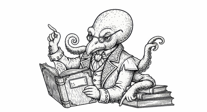 Intelligent Octopus Professor Reading Ancient Books.